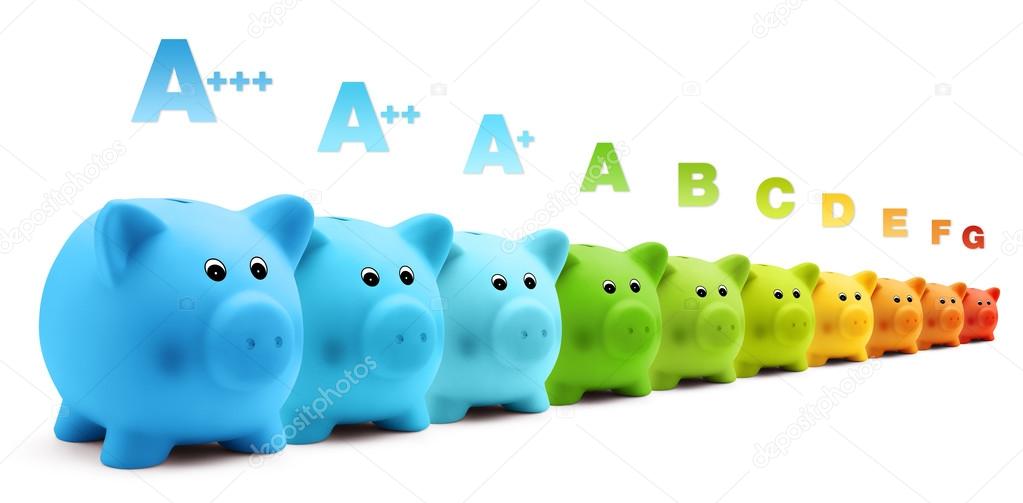 Energy class efficiency scale savings of colorful piggy bank