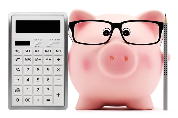 Piggy bank met glazen rekenmachine en pen — Stockfoto