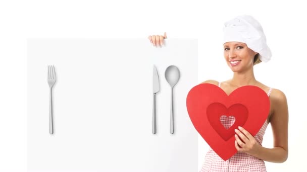 Kocken kvinna visar tecken med hjärta form — Stockvideo