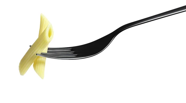Gaffel pasta penne makaroner isolerad på vit — Stockfoto