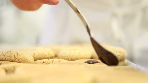 Droppe smält choklad på cookies — Stockvideo