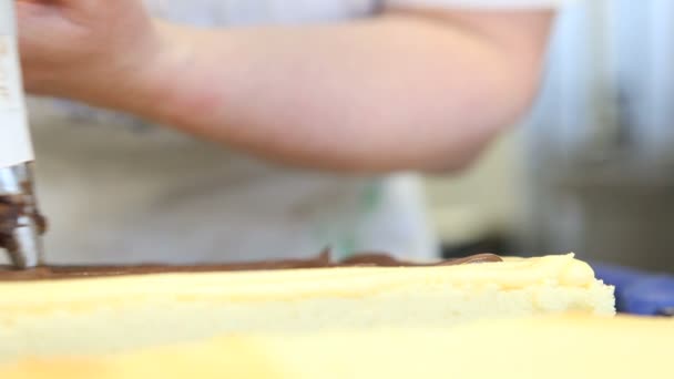 Chef manos bolsita pastelería relleno pastel — Vídeo de stock