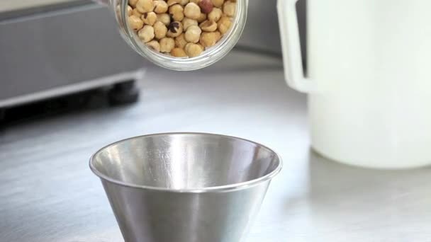 Shelled hazelnuts poured from the jar in a bowl — Stock Video