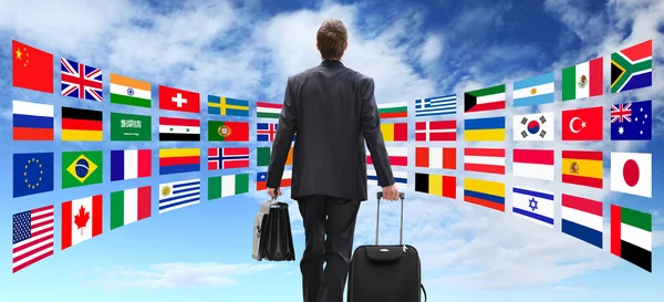 International business man travel with trolley, global business concept — Stock Photo, Image