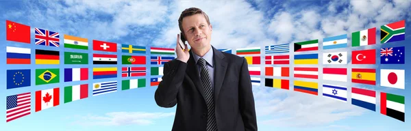 Internationale zakenman praten over de telefoon, wereldwijde communicatie Stockafbeelding