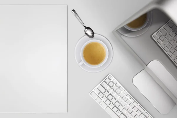 Διάλειμμα για καφέ, κάτοψη γραφείο με υπολογιστή και το φλιτζάνι του καφέ — Φωτογραφία Αρχείου