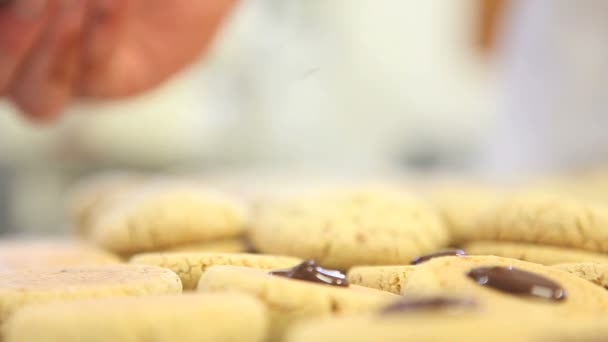 Pastry chef prepare chocolate cookies — Stock Video