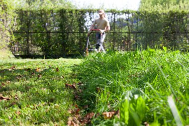 Genç bir adam, çim biçme makinesiyle parlak, yemyeşil bir bahar bahçesi biçiyor. Mevsimlik bahçe bakımı çimenleri sağlıklı ve düzenli tutmaya odaklandı.