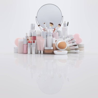 Parlak beyaz yüzeyde makyaj ve kozmetik ürünleri. Metalik aksanlı pastel tonlarda güzellik aletleri. Güzellik mağazası anlaşmaları için reklam afişi, online alışveriş, ya da Noel hediyesi fikirleri