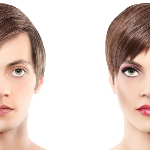 Portrait half woman half man, androgyny concept — Stock Photo, Image