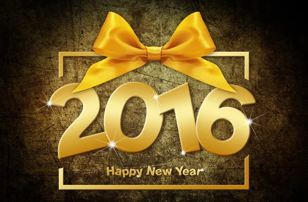 Happy new year 2016 golden text with box and ribbon on grunge  background — Stock Photo, Image