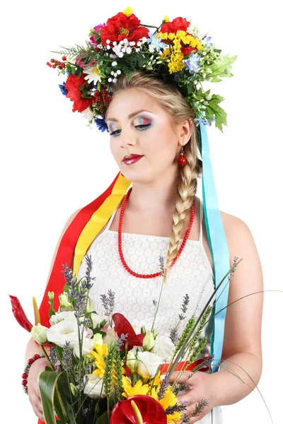Женский макияж с цветами на белом фоне, весенняя концепция — стоковое фото