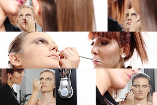 Colagem, artista de maquiagem aplicando rímel em olhos de modelo — Fotografia de Stock
