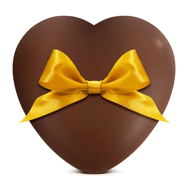 Heart of chocolate with golden bow isolated on white background — Stock Photo, Image