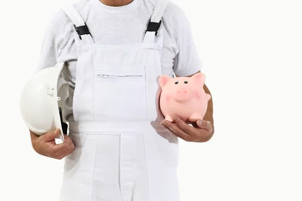 Painter man with white helmet and piggy bank, isolated on white, — Stock Photo, Image