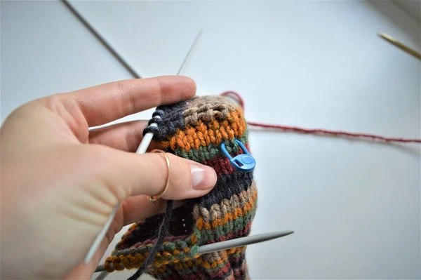 Process Knitting Woolen Sock Made Colored Yarn Close — Stock Photo, Image