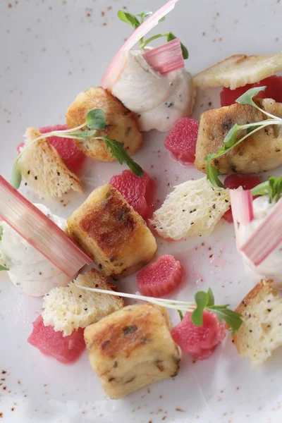 Rhubarb and gnocchi appetizer — Stock Photo, Image