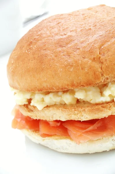 Salmon and egg breakfast brioche bun — Stock Photo, Image