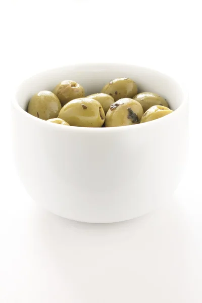 Fresh olives in white bowl — Stock Photo, Image