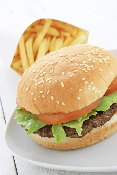 Meleg hamburger, sült krumplival — Stock Fotó