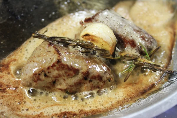 Cooking lamb in hot pan — Stock Photo, Image