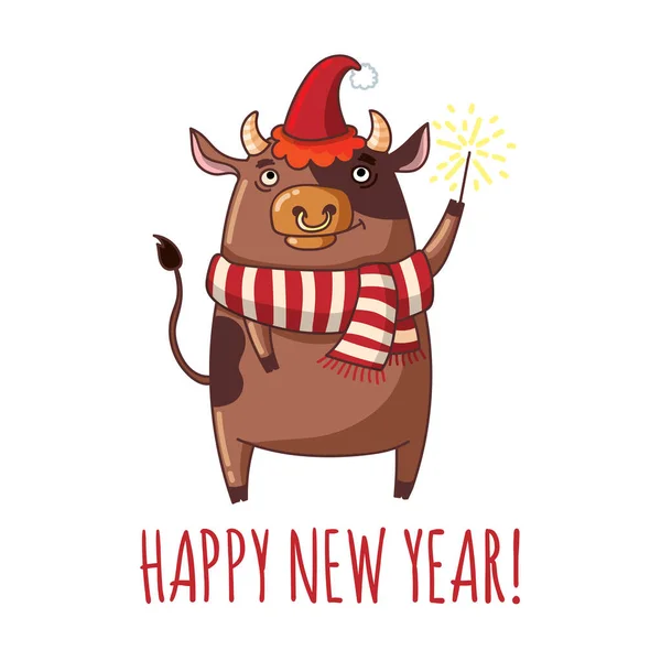 Toro con bengala, letras feliz año nuevo — Vector de stock