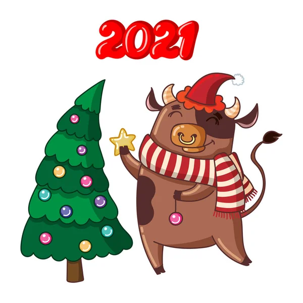Χαριτωμένος ταύρος στολίζει το χριστουγεννιάτικο δέντρο — Διανυσματικό Αρχείο