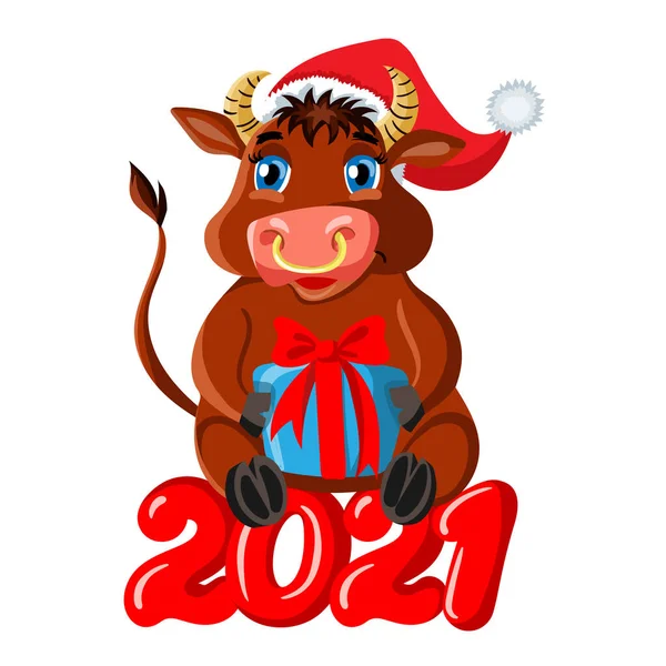 Toro pequeño con un regalo, un símbolo de 2021 — Vector de stock