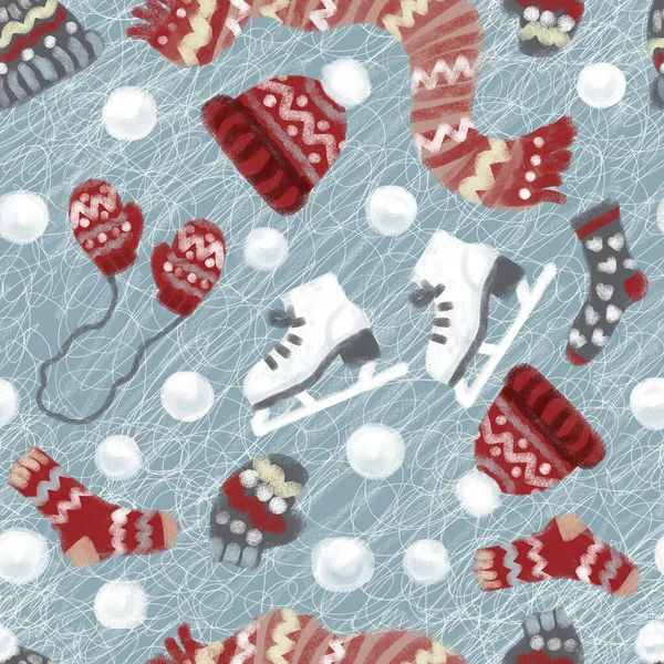 Seamless pattern with winter clothes and ice skates — Stock Photo, Image