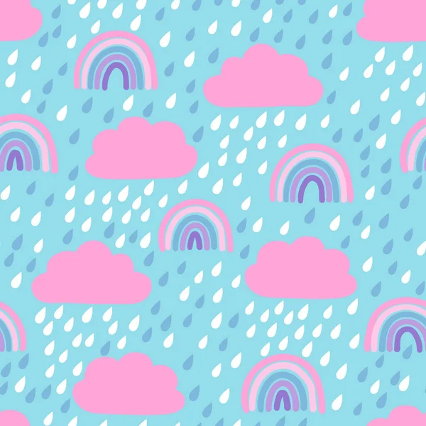 Patrón sin costuras para niños con lluvia, nubes y arco iris — Vector de stock