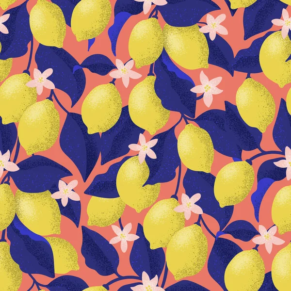 Безшовний візерунок лимонів на гілках з синім листям — стокове фото