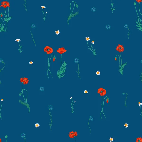 Patrón de textura sin costura vectorial con flores silvestres: amapolas, acianos, manzanillas — Vector de stock