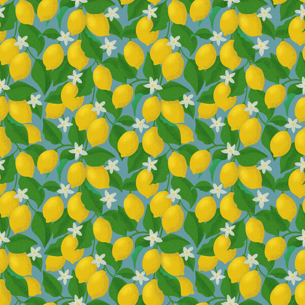 Бесшовный рисунок лимонов на ветвях с цветами на синем фоне