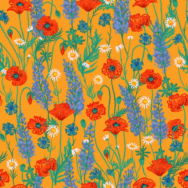 野花的无缝隙纹理图案-罂粟、玉米花、洋甘菊、烟草 — 图库照片