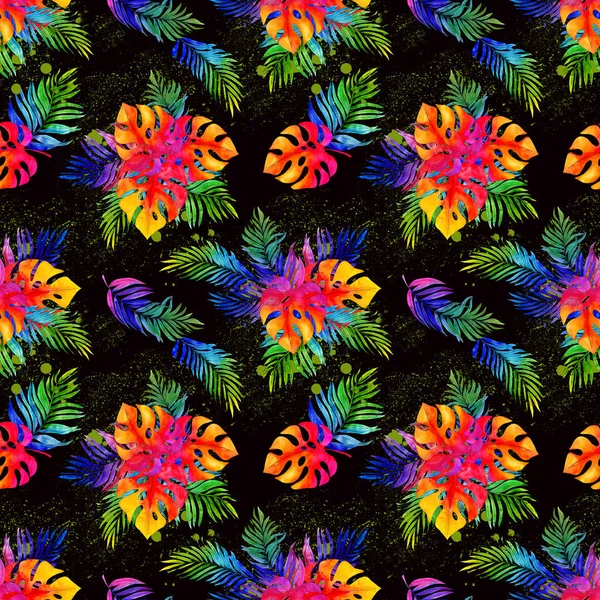 Tropiska akvarell mönster med rika färgade blad av monstera och palmer — Stockfoto