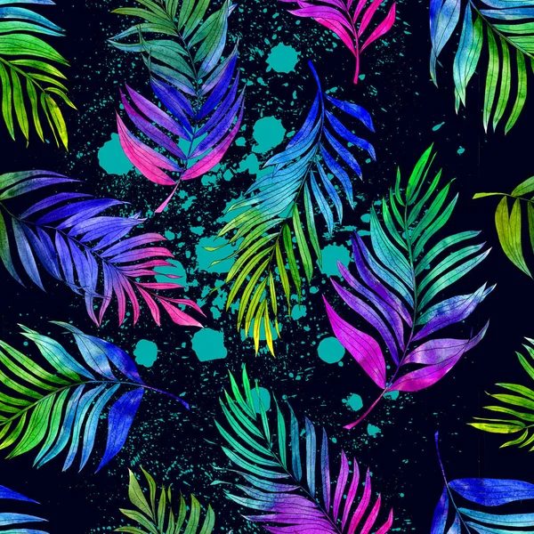 Tropical watercolor pattern with rich colored palm leaves and blotches of paint