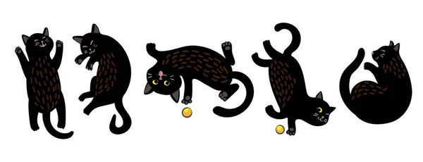 Farklı pozlarda sevimli siyah kedi, vektör çizimi