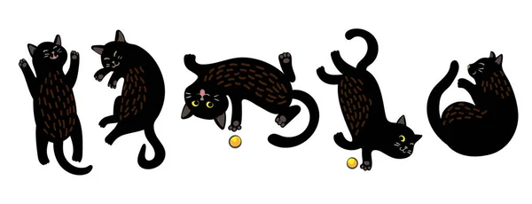 Lindo gato negro en diferentes poses, ilustración vectorial — Vector de stock