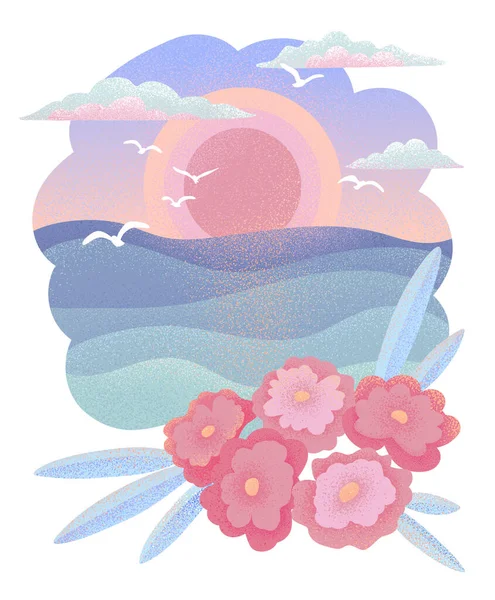 Summer illustration in a flat style Sunset on the sea and flowers — Stock Photo, Image