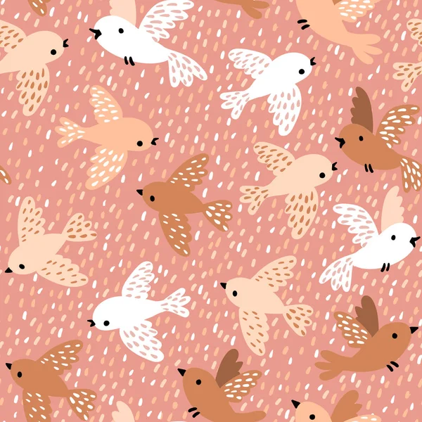 ピンクベージュ色のかわいい鳥とベクトルシームレスパターン — ストックベクタ
