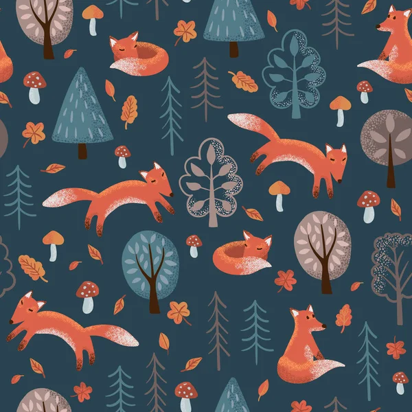 キツネ、木、キノコ、秋の葉のシームレスなベクトルパターン — ストックベクタ