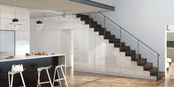 Modernes Interieur-Wohnzimmer mit Küche und Treppe — Stockfoto