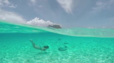 SLOW MOTION: Young woman swimming underwater with friendly stingray rays