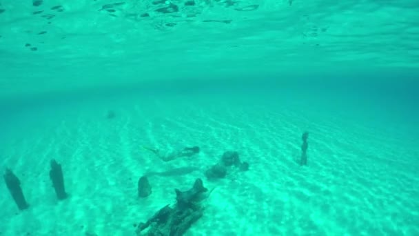 Pod vodou: mladá žena, která prozkoumává slunné sochy v hlubokém moři — Stock video