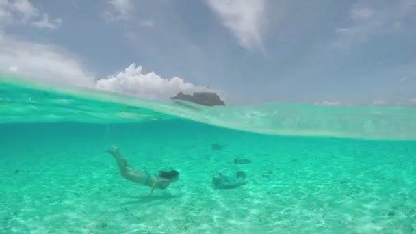 Медленное движение: молодая женщина плавает под водой с дружественными скатами ската — стоковое видео