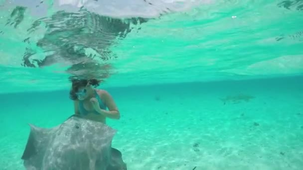 SLOW MOTION: Young woman swimming underwater with friendly stingray rays — Wideo stockowe