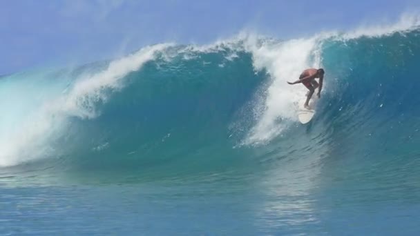 MOCIÓN LENTA: Surfista profesional extremo surfeando olas de cañón de tubo grande — Vídeo de stock