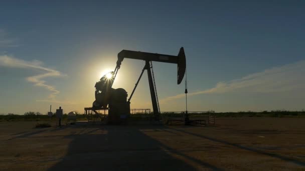 Bomba de gato industrial trabajando en campo petrolífero al atardecer de verano — Vídeos de Stock