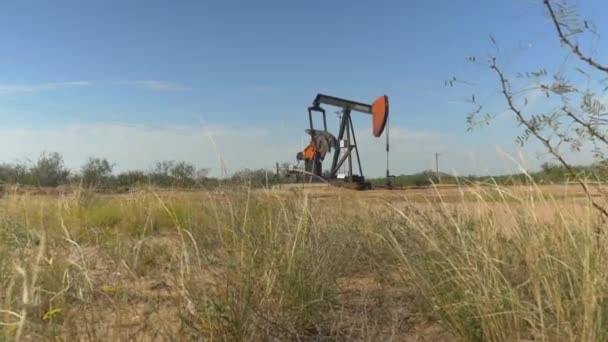 Plataforma de bomba de macaco industrial trabalhando no campo de petróleo no Texas — Vídeo de Stock