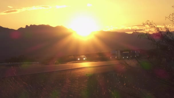Cars and freight transporting trucks driving on busy highway at golden sunset — Stock Video